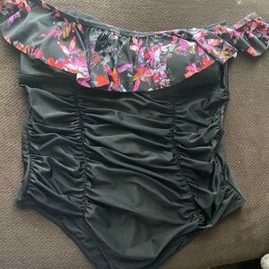 Off the shoulder ruffle one piece bathing suit